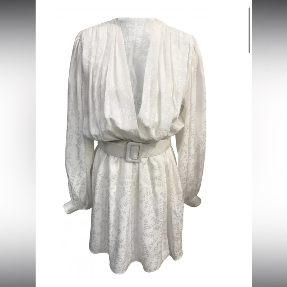 Off-white silk faux-wrap mini dress with belt